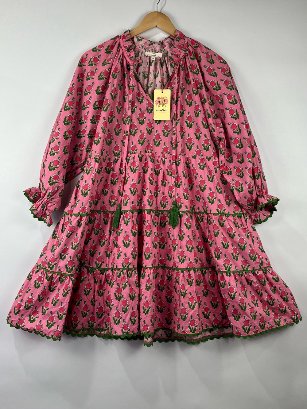 Entro 100% Cotton Tiered Mini Dress Pockets Tassel Tie Boho Cottagecore NWT - Picture 10 of 10